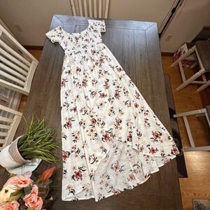 Altar State Floral Smocked Maxi Dress High Low White Red Size L